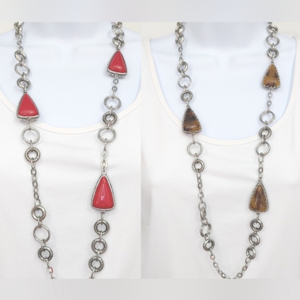 EUC Reversible Chico's asymmetrical necklace in silver, red & brown, adjustable